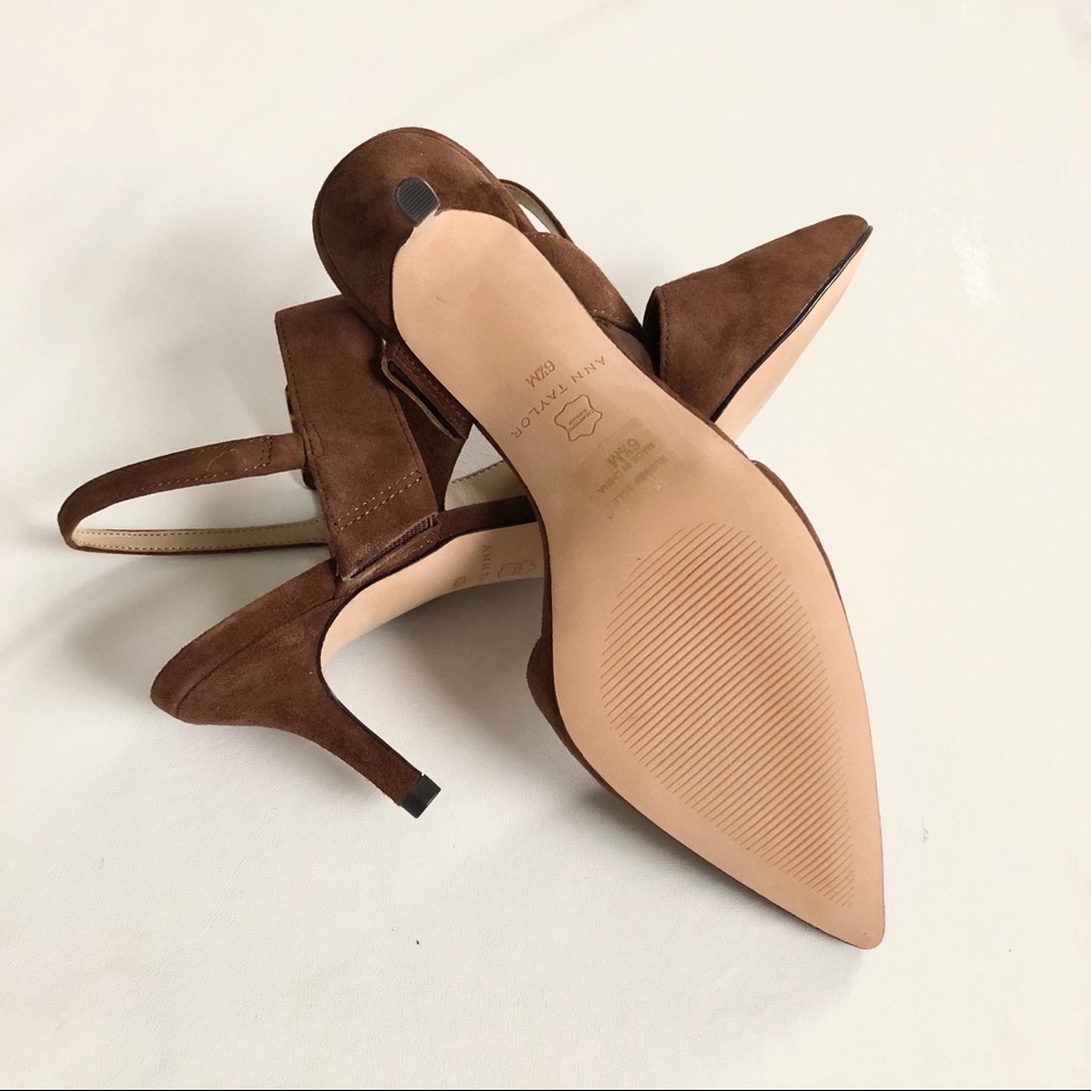Ann Taylor Brown Suede Pointed Toe Slingback Heels with Buckle - Picture 6 of 7